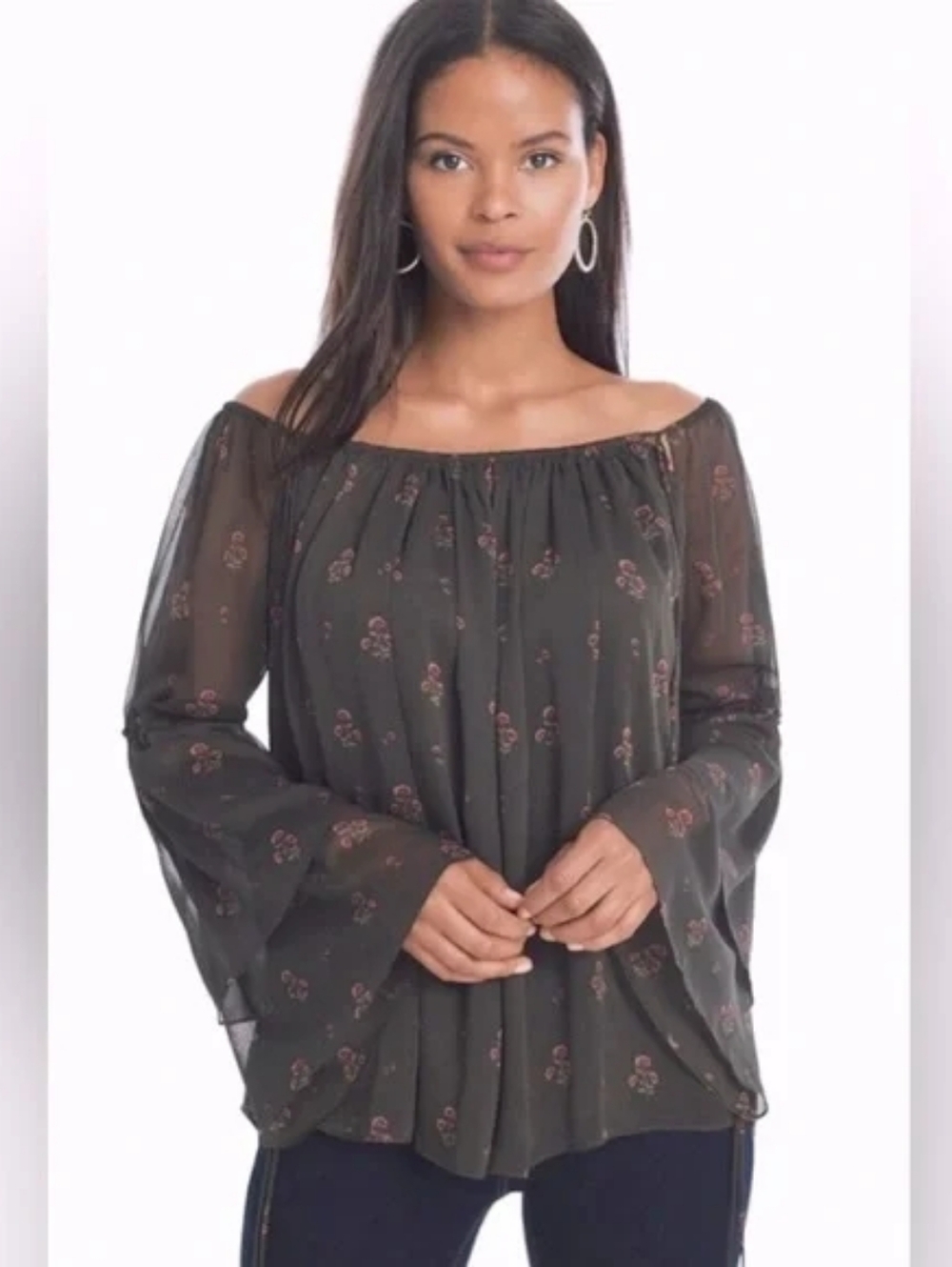 White House Black Market Sheer Olive Blouse with Red Floral Pattern